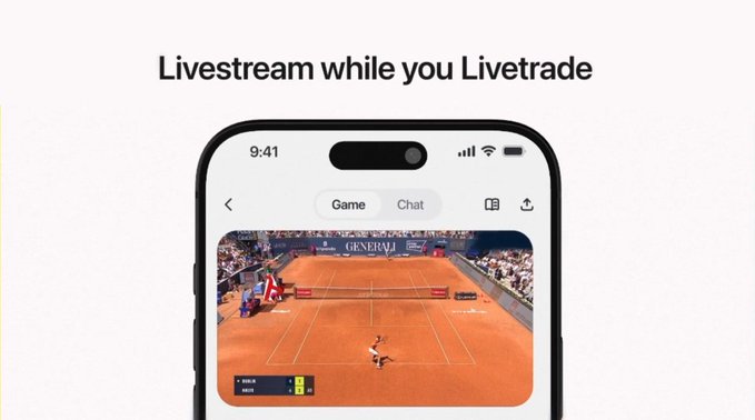 A smartphone screen displays a tennis livestream under the heading 'Livestream while you Livetrade', with 'Game' and 'Chat' tabs visible.