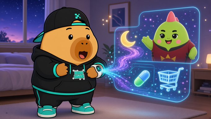 A cartoon bear mascot in a black cap and hoodie projects a glowing holographic interface featuring a green Sleepagotchi character, a moon, a pill, and a shopping cart icon, visually representing the AI agents that turn sleep tracking data into actionable value and engagement.