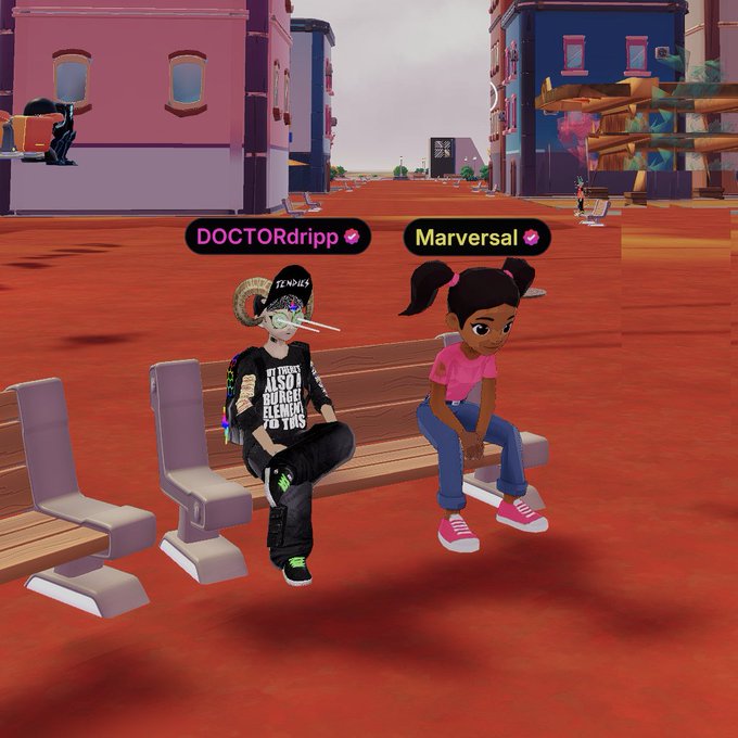 A 3D virtual environment featuring two cartoon-style avatars named 'DOCTORdripp' and 'Marversal' sitting on a bench, with a yellow car visible in the background.