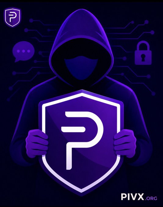 A hooded figure in purple holds a shield emblazoned with the "P" PIVX logo, set against a circuit-patterned background featuring chat and padlock icons symbolizing privacy. The image visually reinforces the post's emphasis on PIVX's core values of being private, fast, and decentralized, as promoted on PIVX.org.