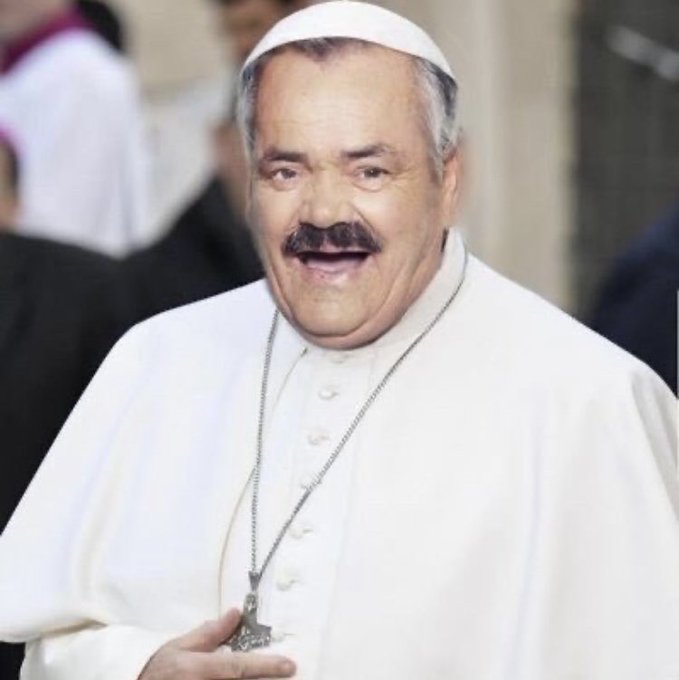 A portly man wearing a white clerical robe, skullcap, and cross necklace appears to be laughing or speaking, mimicking the appearance of a religious leader. The image appears to be digitally manipulated, likely intended as humorous commentary alongside the post mocking financial influencers who flipped from bullish to bearish sentiment.