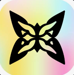 A black butterfly-shaped logo on a colorful pastel gradient background.
