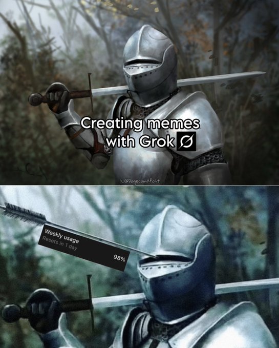 A two-panel meme using the "Knight with sword" template; the top panel reads "Creating memes with Grok," while the bottom panel shows the knight with a "Weekly usage 98%, Resets in 1 day" notification.