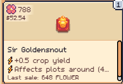 A digital marketplace listing shows a red item labeled "Sir Goldensnout" priced at $52.54, with stats boosting "+0.5 crop yield" and affecting plots in a 4x4 area, last sold for 648 FLOWER. The image corresponds to the post highlighting a new SFT pick-up for the Sir Goldensnout resource in SunflowerLand.
