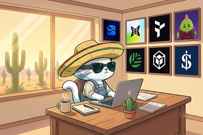 A cartoon illustration of a cat dressed in a sombrero and sunglasses working at a laptop, with cryptocurrency logos (Sui, XRP, Filecoin, WAX, a green token, a cube, and a dollar token) framed on the wall behind it.