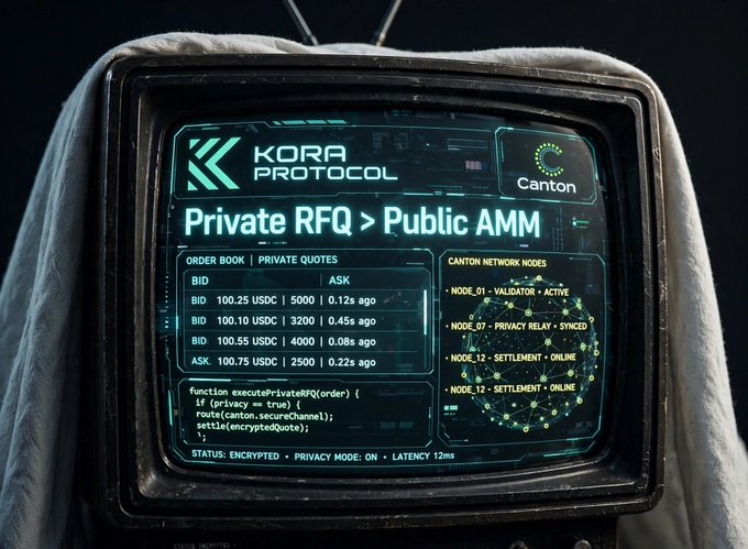 A retro-style television set displaying a digital interface for 'KORA PROTOCOL' showing 'Private RFQ > Public AMM' with order book data including bids and asks in USDC, and a 'Canton Network Nodes' status panel showing validators and settlement nodes as online.