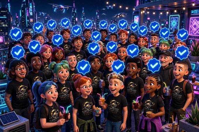 A colorful animated illustration showing a diverse group of cartoon people wearing matching 'CRYPTO' branded shirts, overlaid with numerous blue verified checkmark bubbles in a neon-lit city setting.