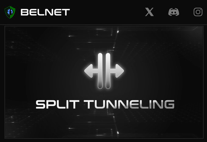 A dark-themed graphic for BELNET showing a split tunneling icon with arrows and the text 'SPLIT TUNNELING', along with social media icons.