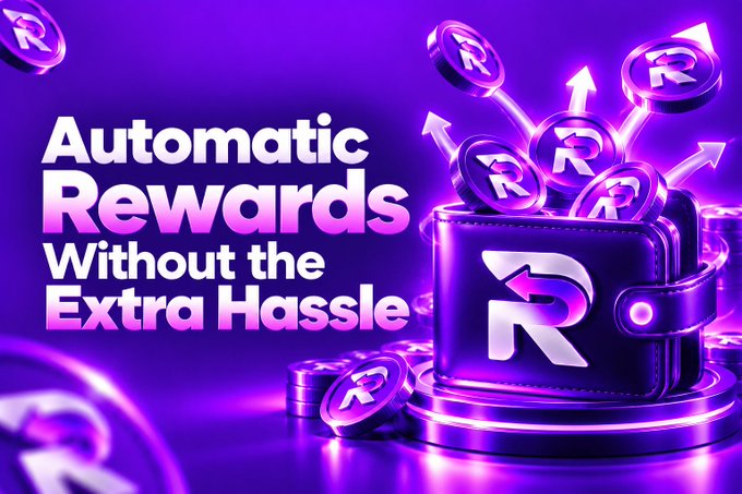 A promotional graphic with a purple background featuring a wallet overflowing with coins marked 'R', with text reading 'Automatic Rewards Without the Extra Hassle'.