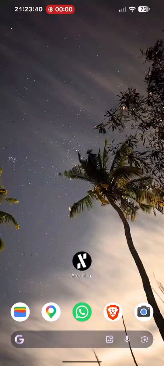 The image shows a phone screen displaying an app icon with the word "alephium" written below it. The app appears to be related to mobile wallets or banking services, as indicated by its name. The time shown on the phone screen is 2:22 am, and there are stars visible in the sky above the phone.