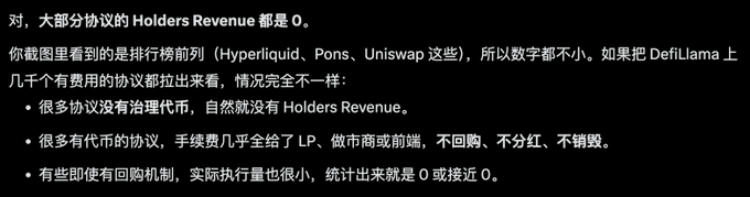 Chinese text explaining that most protocols' Holders Revenue is 0, noting that the screenshot shows top-ranked protocols (Hyperliquid, Pons, Uniswap) with large numbers, but most DeFiLlama protocols have no tokens, no buybacks, no dividends, and near-zero actual transaction volume.