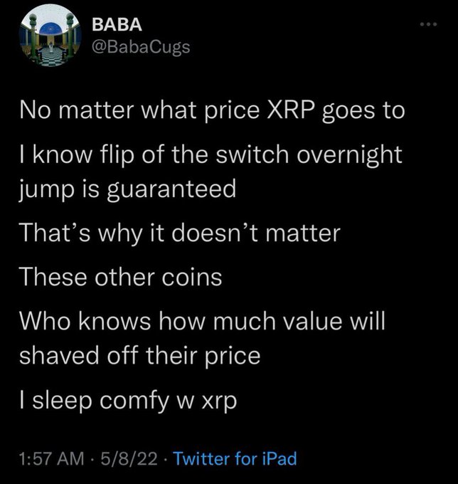 A tweet from BABA (@BabaCugs) posted on 5/8/22 at 1:57 AM from Twitter for iPad, expressing strong confidence in XRP, stating that regardless of its current price, an overnight price surge is guaranteed, which is why he holds it comfortably over other cryptocurrencies that may lose value.