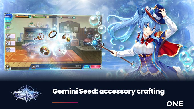 Promotional graphic for the mobile game 'Gemini Seed: accessory crafting' featuring an anime-style blue-haired character holding a wand, with an in-game screenshot showing crafting UI and floating accessory icons, branded by ONE.