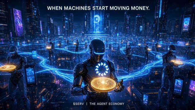 A futuristic digital art piece titled "WHEN MACHINES START MOVING MONEY" by $SERV "THE AGENT ECONOMY" depicting robotic figures in a neon-lit cyberpunk city holding glowing orbs connected by energy streams.