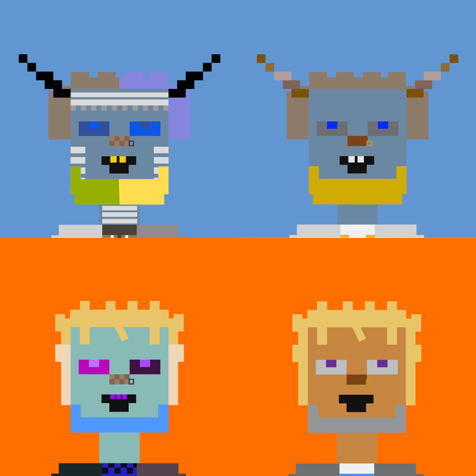 A pixel art image with four quadrants showing variations of a character with horns or blonde hair against blue and orange backgrounds.