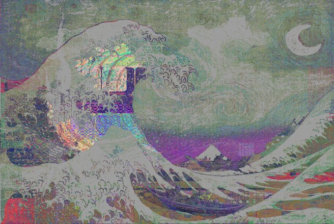 An artistic reinterpretation of Hokusai's 'The Great Wave off Kanagawa' rendered in a shimmering, iridescent holographic style with a crescent moon visible in the sky.
