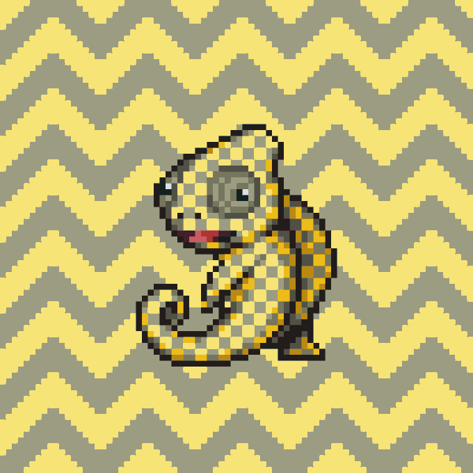 Pixel art illustration of a chameleon rendered in yellow, gray, and black checkerboard patterns, set against a matching zigzag patterned background.