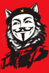 A graphic illustration of a cat wearing a Guy Fawkes mask and a hood with a red star on a red background.