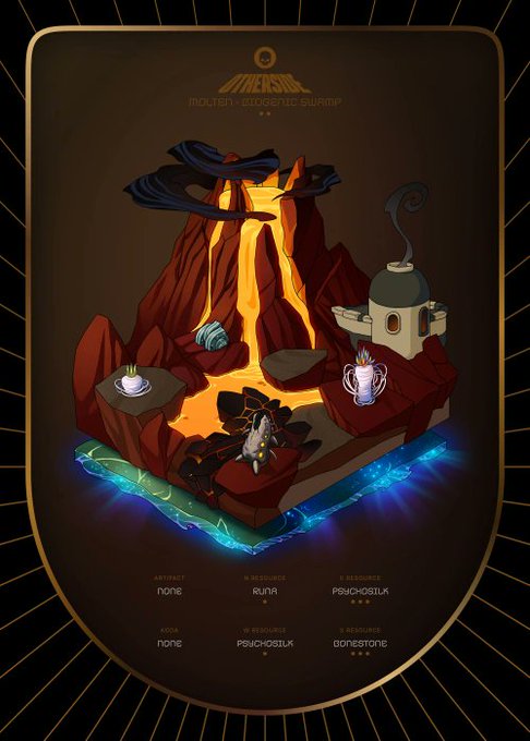 The image displays an "OASIS" Molten Redwood Summit environment card from OthersideMeta, featuring a volcanic landscape with lava flows, a mysterious hut, and glowing blue crystalline terrain, with game stats showing "X Resources: Rune (★★)," "Z Resources: Psychosiluk (★★★)," and "Y Resources: Psychosiluk (★★★)." This fiery, prehistoric-looking biome ties to the tweet's anticipation of learning more about Otherside's environments, as the post celebrates 113 Otherdeeds sales and hints at excitement for upcoming environment reveals.