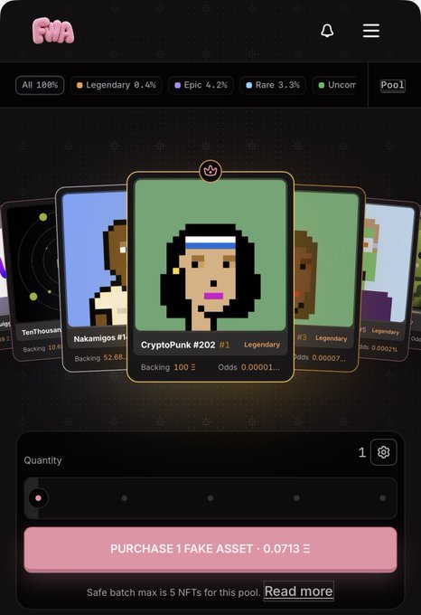 A mobile app interface displaying an NFT marketplace called 'FMA', featuring a highlighted 'CryptoPunk #202' asset with a 'Purchase 1 Fake Asset' button and a price of 0.0713.