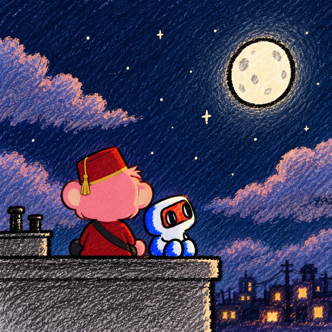 An illustrated nighttime scene showing a character in a red graduation cap and gown sitting on a rooftop next to a small white and blue robot, watching the moon and stars together.