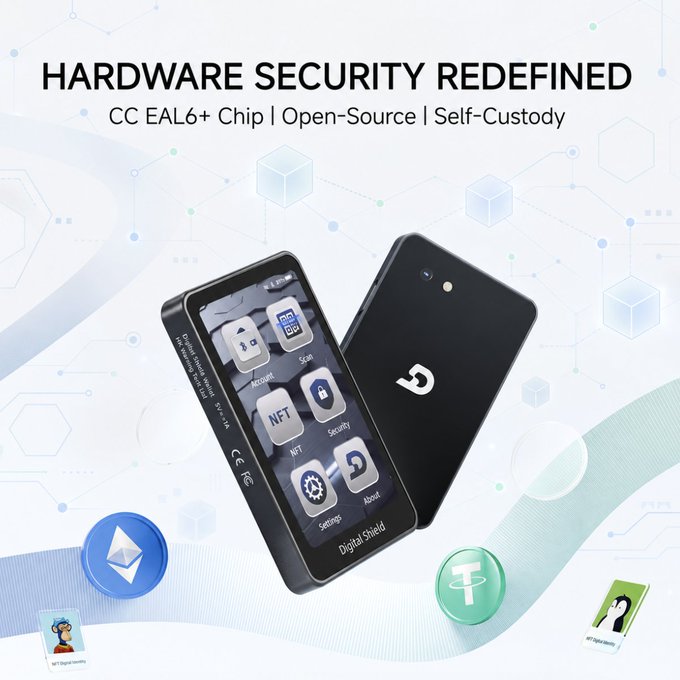 A promotional graphic titled 'HARDWARE SECURITY REDEFINED' features a Digital Shield hardware crypto wallet displaying NFT, Security, and Settings apps, alongside Ethereum and Tether icons.