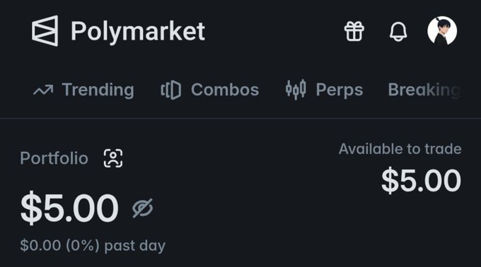Screenshot of a Polymarket account showing a Portfolio balance of $5.00, Available to trade of $5.00, with navigation tabs for Trending, Combos, Perps, and Breaking.