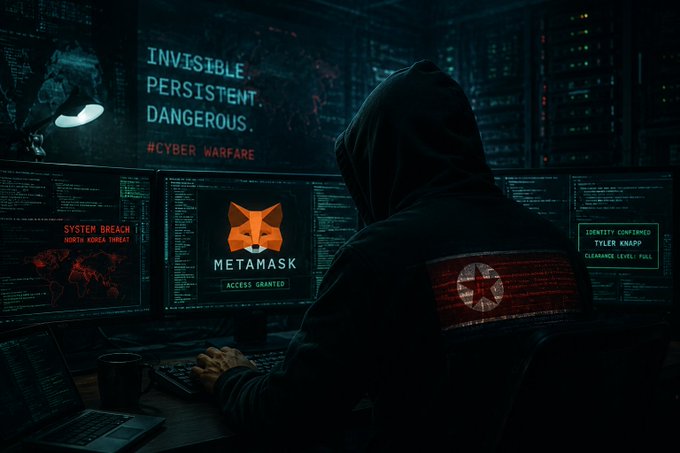 A dark cinematic scene of a hooded hacker at a multi-monitor setup showing text 'INVISIBLE PERSISTENT DANGEROUS', '#CYBER WARFARE', 'SYSTEM BREACH NORTH KOREA THREAT', a MetaMask logo with 'ACCESS GRANTED', and an alert reading 'IDENTITY CONFIRMED TYLER KNAPP CLEARANCE LEVEL: FULL'.