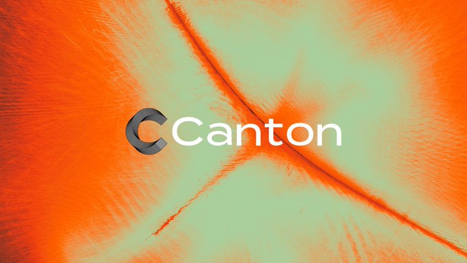 The image displays the "Canton" logo featuring a stylized gray "C" beside white text, set against a vibrant orange and teal abstract background. This relates to the accompanying news about Digital Asset's Canton blockchain network securing an additional $10 million in funding from Shinhan Financial Group and SC Ventures.