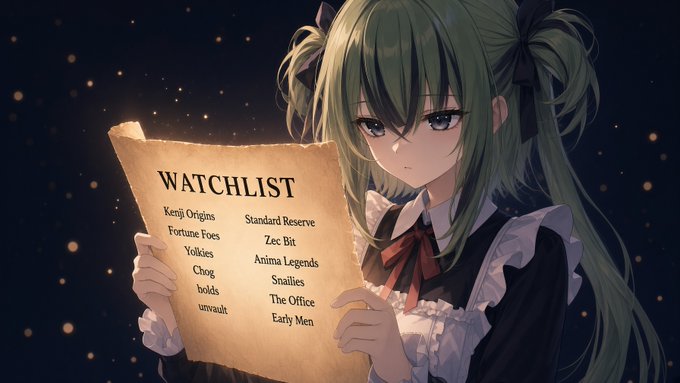An anime-style illustration of a green-haired girl holding a scroll titled 'WATCHLIST' that lists items including Kenji Origins, Fortune Foes, Yoklies, Chog, bolds, unvault, Standard Reserve, Zec Bit, Anima Legends, Snailies, The Office, and Early Men.