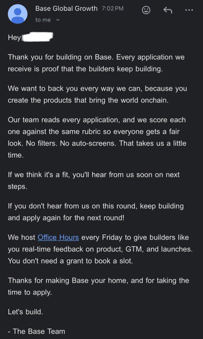 An email from Base Global Growth at 7:02 PM thanks the recipient for building on Base, explains the fair review process without auto-screens, and invites them to Office Hours for feedback.