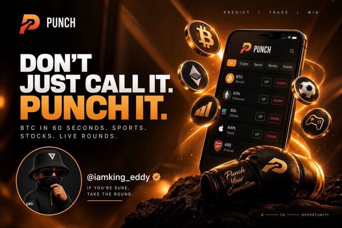 A bold promotional graphic for "PUNCH" features the tagline "DON'T JUST CALL IT. PUNCH IT" alongside "BTC IN 60 SECONDS. SPORTS. STOCKS. LIVE ROUNDS," displaying a smartphone interface showing BTC, ETH, SOL, AAPL, and ARS trading options next to a boxing glove and cryptocurrency coins, which visually represents the post's theme of turning casual BTC predictions into actual action through the platform's 1-minute trading rounds.