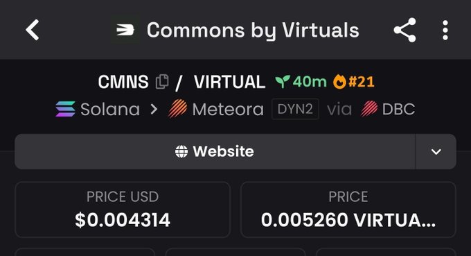 A mobile screenshot of a crypto token page on a dark-themed app shows 'CMNS / VIRTUAL' with a price of $0.004314 USD on the Solana/Meteora network via DBC.