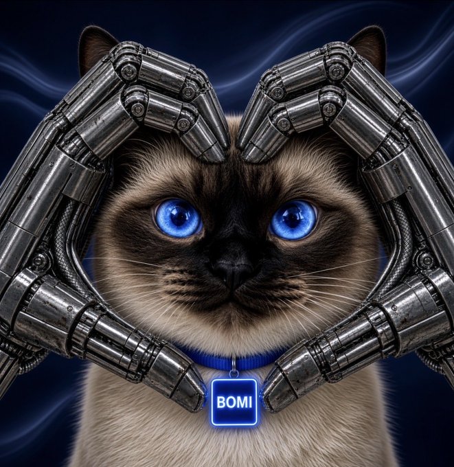A Siamese cat with striking blue eyes is framed by mechanical robotic hands forming a heart shape, wearing a blue collar tag labeled 'BOMI'.