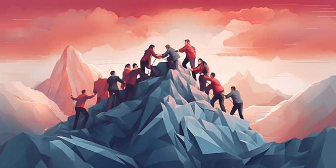 A digital illustration depicts a group of people helping each other climb a rocky mountain peak against a pink and orange sunset sky, symbolizing teamwork and achievement.