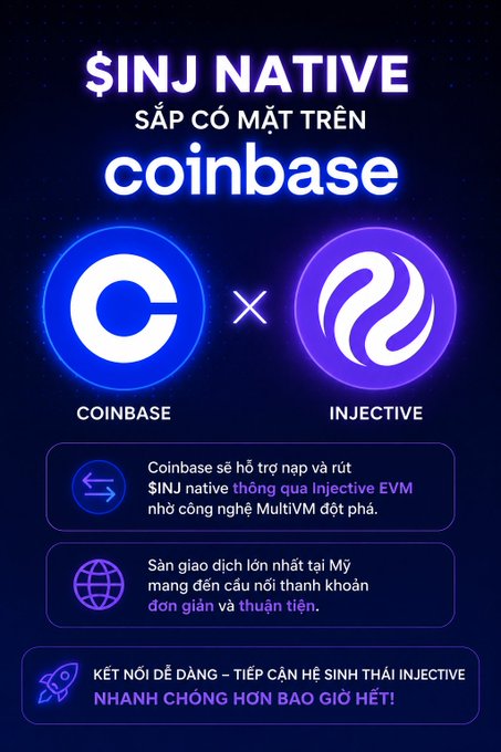 The image features a poster for Coinbase, which has two different logos side by side. The first logo is blue with white text that says "Coinbase", while the second logo is purple with white text that says "INJECTIVE". Below these logos are three bullet points explaining what each logo represents and how it relates to the post about Coinbase.