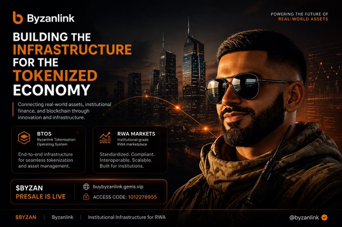 A promotional banner for Byzanlink, a blockchain tokenization infrastructure platform, featuring a man in sunglasses with a city skyline, advertising a presale with code 1012278955 and emphasizing "Building the Infrastructure for the Tokenized Economy."