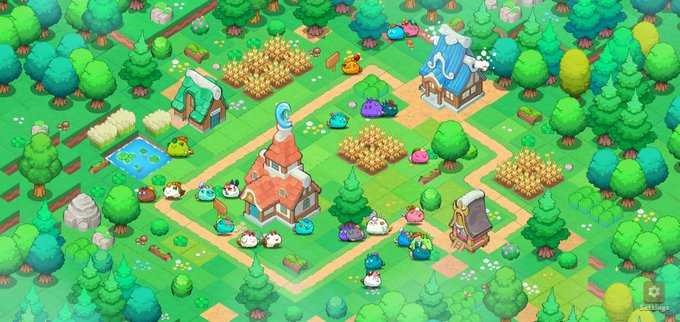 A colorful isometric screenshot from a mobile farming/village-building game featuring cute character mascots, pixel-art style trees, crop fields, a pond, and various whimsical buildings in a vibrant green landscape.