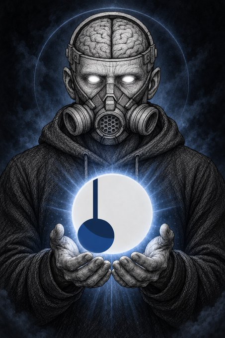 A hooded figure wearing a gas mask with an exposed, glowing brain holds a luminous orb containing the Pendle (PE) logo, visually representing the hidden, high-yield DeFi opportunities discussed in the post. The masked figure's concealed face and "alpha" symbolism reflect the secretive knowledge of Pendle Finance's lucrative limit orders, such as the $USD3 and $sUSDx APR breakdowns shared.