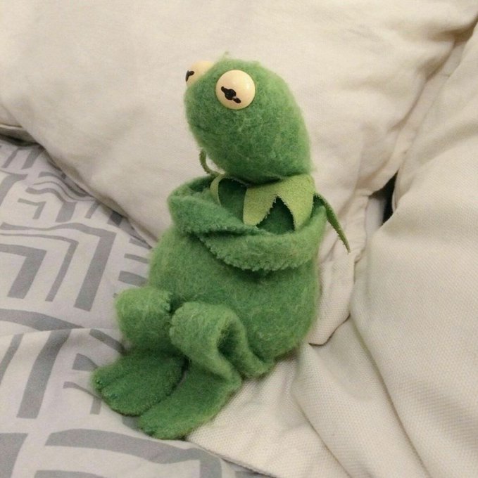 A small green felt frog plush sits forlornly on a bed, looking dejected. The post humorously anthropomorphizes the buyer's losing crypto investment as this downcast frog, capturing the universal feeling of buying the dip only to fall further.