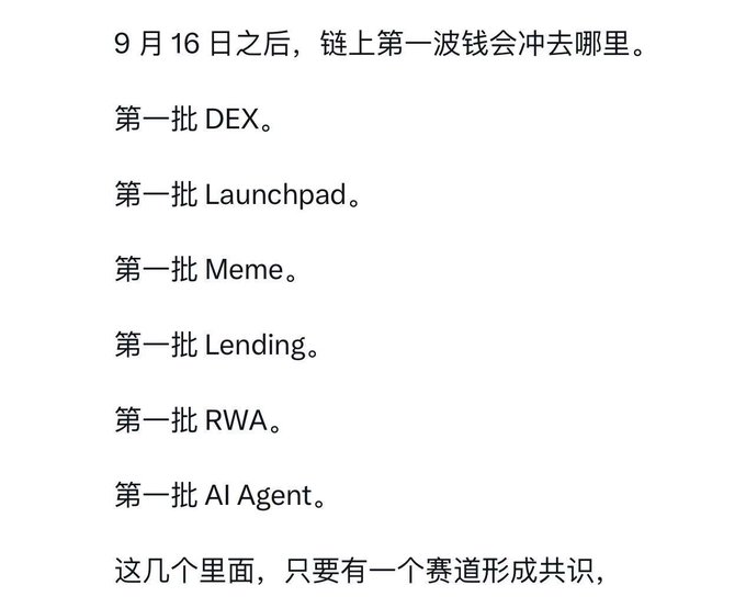 Chinese text discussing where on-chain capital will flow after September 16th, listing categories: DEX, Launchpad, Meme, Lending, RWA, and AI Agent.