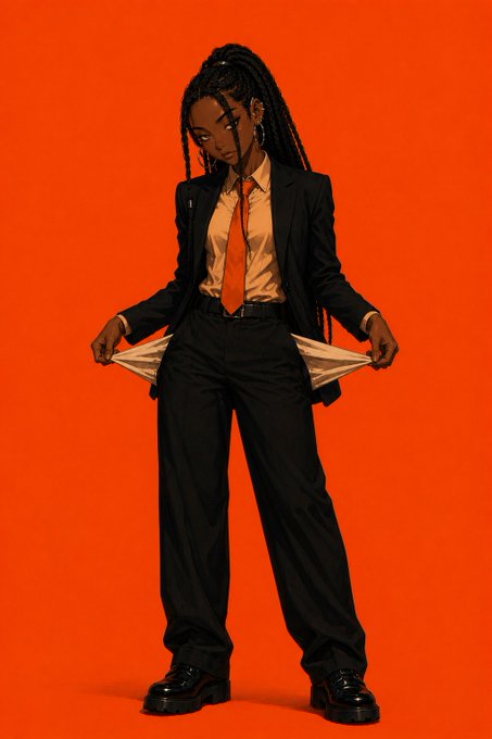 A full-body studio portrait of a woman with long braided hair, wearing a black suit with an orange tie and chunky black shoes, pulling her jacket pockets outward against an orange background.