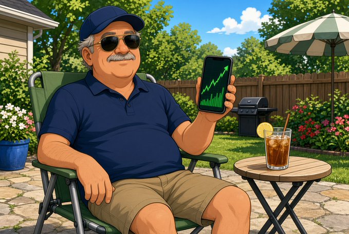 An animated illustration shows an older man in a blue polo, cap, and sunglasses relaxing in a backyard chair, holding up a phone displaying a rising green stock chart next to a glass of iced tea.
