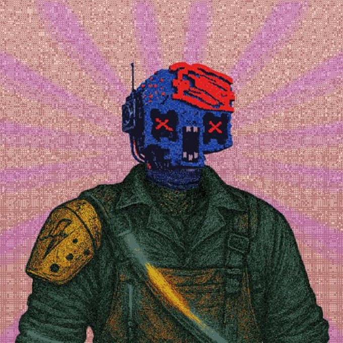 Comic-style illustration of a cyborg or robot character with a blue and red damaged face, wearing a dark jacket and a yellow shoulder pad.