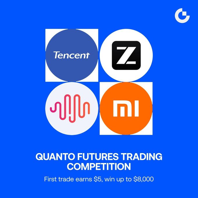 Promotional graphic for Gate's Quanto Futures Trading Competition featuring logos of Tencent, Z (ZhongAn), an unspecified pink logo, and Xiaomi, with text reading "QUANTO FUTURES TRADING COMPETITION - First trade earns $5, win up to $8,000."