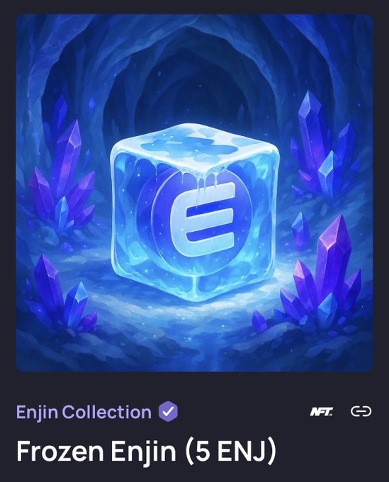 An NFT digital artwork from the Enjin Collection titled 'Frozen Enjin (5 ENJ)', depicting a glowing blue ice cube with the Enjin logo inside, set against a background of blue crystal caves.