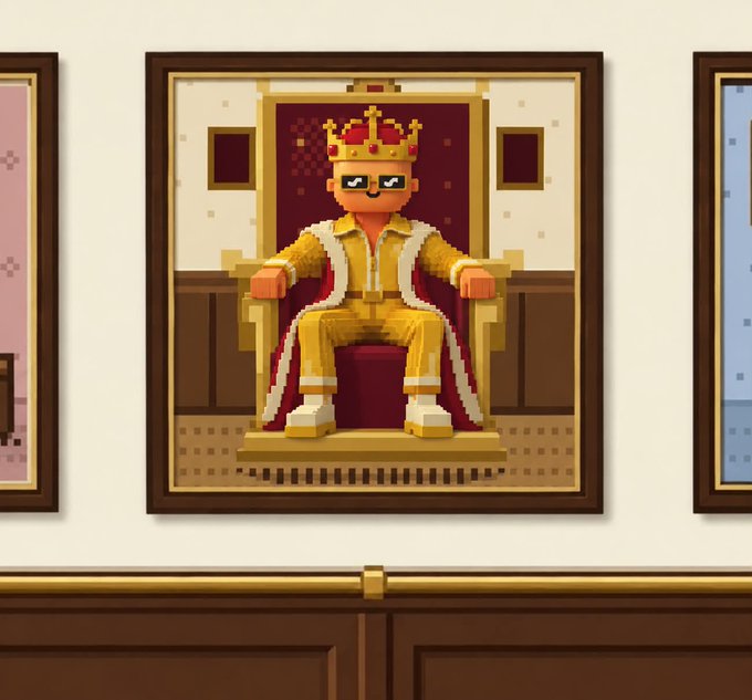 A pixel art scene showing a character wearing sunglasses and a crown, seated on a throne in golden royal attire, displayed as a framed portrait on a wall.