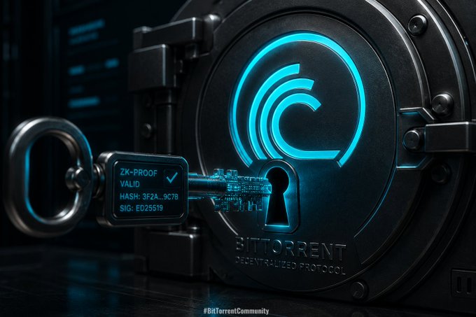 Futuristic digital artwork of a heavy metal vault with a glowing blue 'C' logo, featuring a digital key with ZK-Proof validation showing HASH: 3F2A...9C7B and SIG: ED25519, with 'BITTORRENT' and '#BitTorrentCommunity' text.