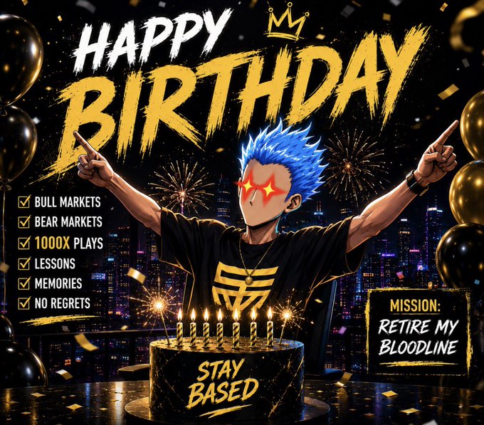 The post features a celebratory "Happy Birthday" graphic with an anime-style character sporting blue hair and glowing red star-shaped sunglasses, triumphantly pointing upward behind a black and gold birthday cake reading "STAY BASED." Key text highlights a checklist of "BULL MARKETS, BEAR MARKETS, 1000X PLAYS, LESSONS, MEMORIES, NO REGRETS," alongside a "MISSION: RETIRE MY BLOODLINE" sign—visually commemorating the dual milestone of a birthday and 10 years in crypto.