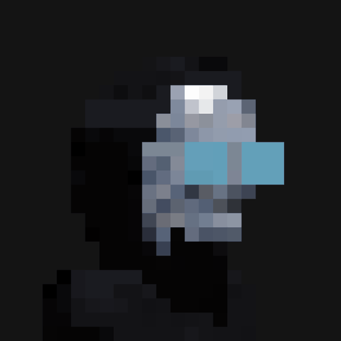 A pixelated dark figure with blue glowing eyes against a black background.